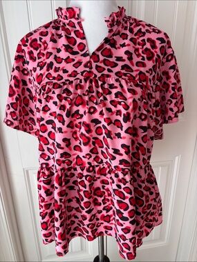 Ruffled Neck Pink Leopard Print Peplum Blouse